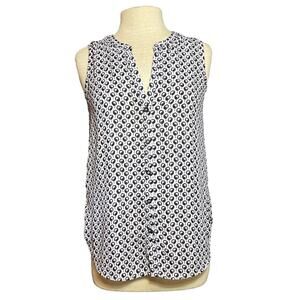 ANN TAYLOR Women’s Size XS Polyester Blouse Sleeveless Black White Button Front0